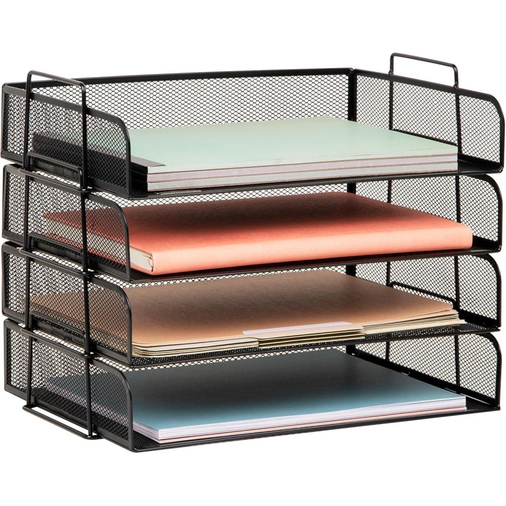 imageMind Reader Stackable Paper Tray Desktop Organizer File Storage Office Metal Mesh 4 Pcs SilverBlack