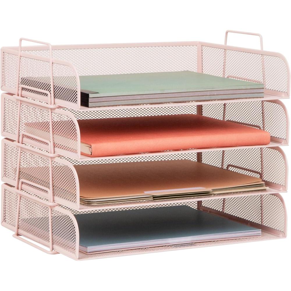 imageMind Reader Stackable Paper Tray Desktop Organizer File Storage Office Metal Mesh 4 Pcs SilverPink