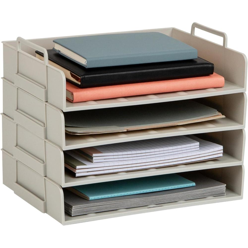 imageMind Reader Stackable Paper Tray Desktop Organizer File Storage Office Plastic 1375quot L x 10quot W x 1075quot H 4 Pcs BlackBeige