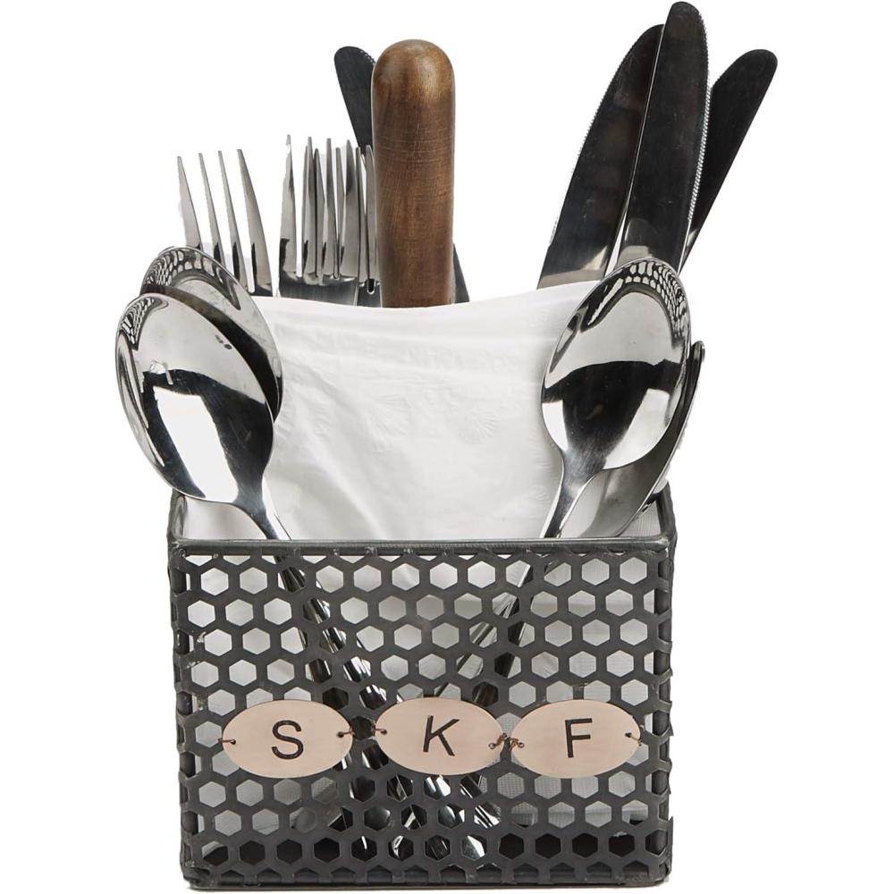 imageMind Reader Utensil Holder Silverware Organizer Caddy Cutlery Holder Galvanized Metal 7quot L x 7quot W x 925quot H SilverBlack Square