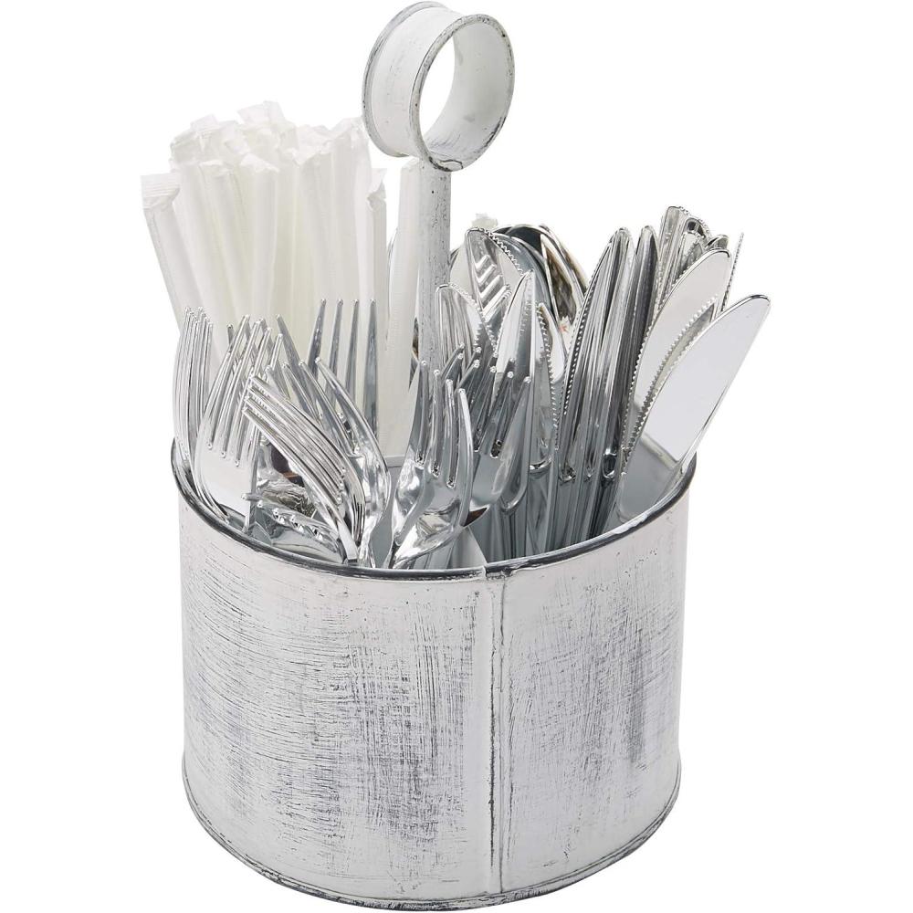 imageMind Reader Utensil Holder Silverware Organizer Caddy Cutlery Holder Galvanized Metal 7quot L x 7quot W x 925quot H SilverWhite Paint