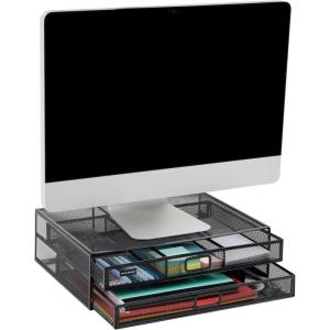 Mind Reader Monitor Stand, Ventilated Laptop Riser, Storage Drawer, Office, Metal Mesh, 15.75″L x 11.75″W x 4.5″H, Black