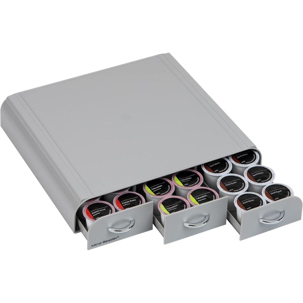 imageMind Reader Single Serve Coffee Pod Organizer with 3 Drawers 36 Pod Capacity Countertop 135quotL x 1225quotW x 25quotH BrownGray