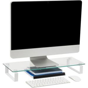 Mind Reader Monitor Stand, Contemporary, Desktop Organizer, Laptop Riser, Office, Glass, 22″ L x 8.25″ W x 3″ H, Clear