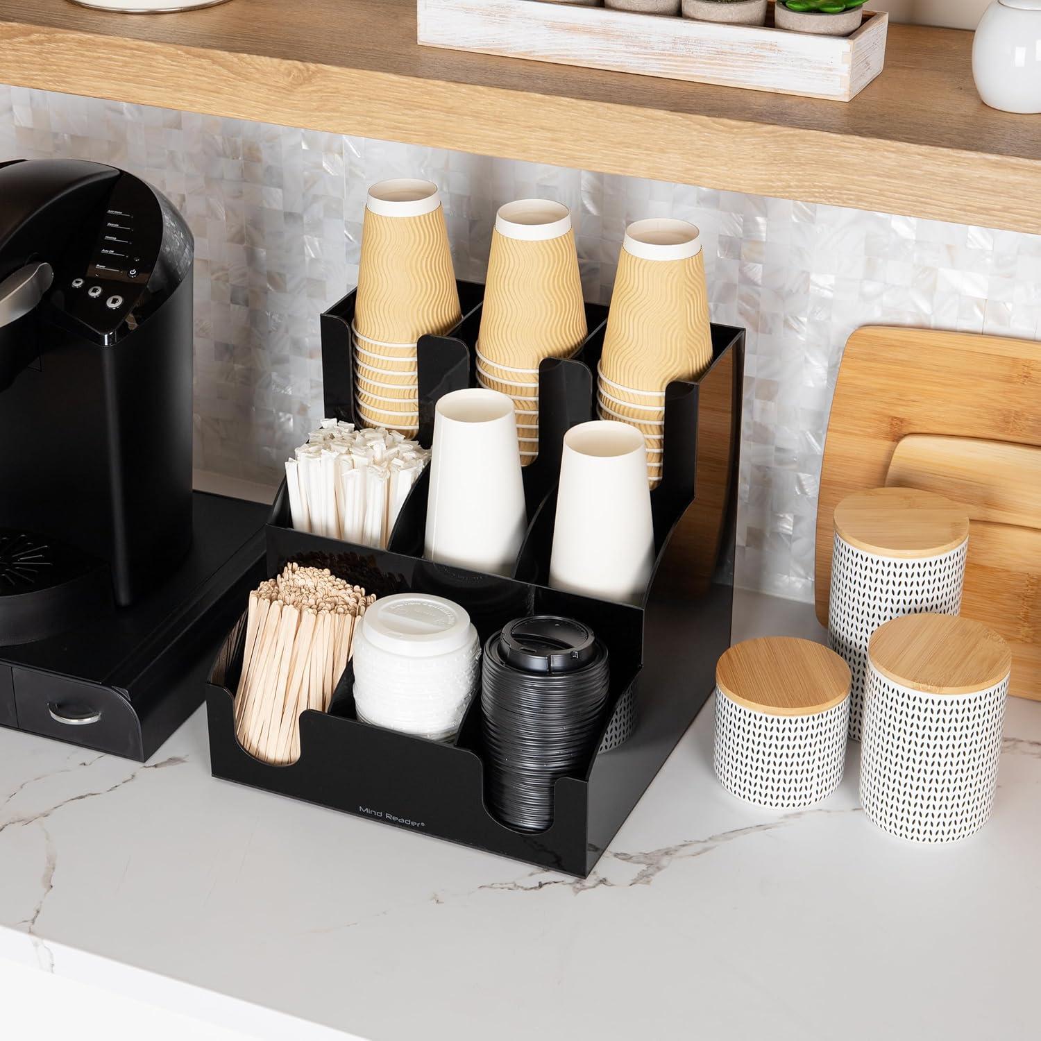 imageMind Reader Cup and Condiment Station Countertop Organizer Coffee Bar Kitchen 1225quotL x 1225quotW x 1175quotH Black