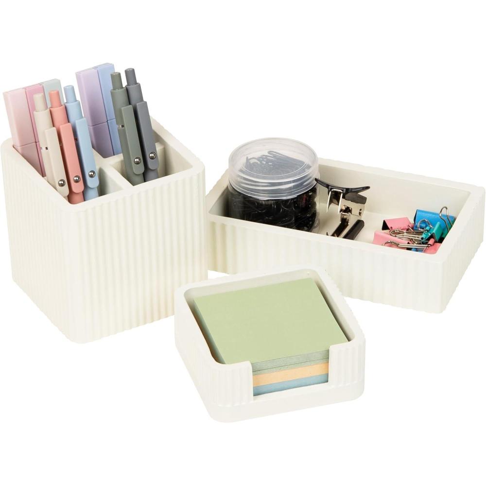 imageMind Reader 3Piece Cement Desk Organizer Set Desktop Accessory Kit with Pen Cup Sticky Note Holder CatchAll Tray Modern Office Decor Cement Cream