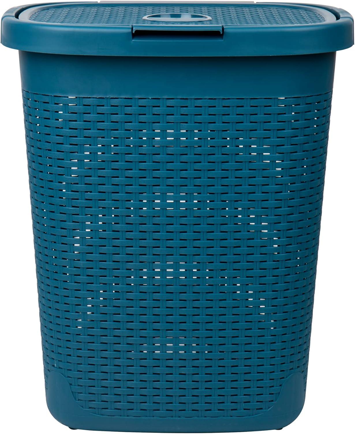 imageMind Reader 50L Slim Laundry Hamper Clothes Basket Lid Wicker Design Plastic 1765quotL x 1375quotW x 21quotH Set of 2 WhiteBlue