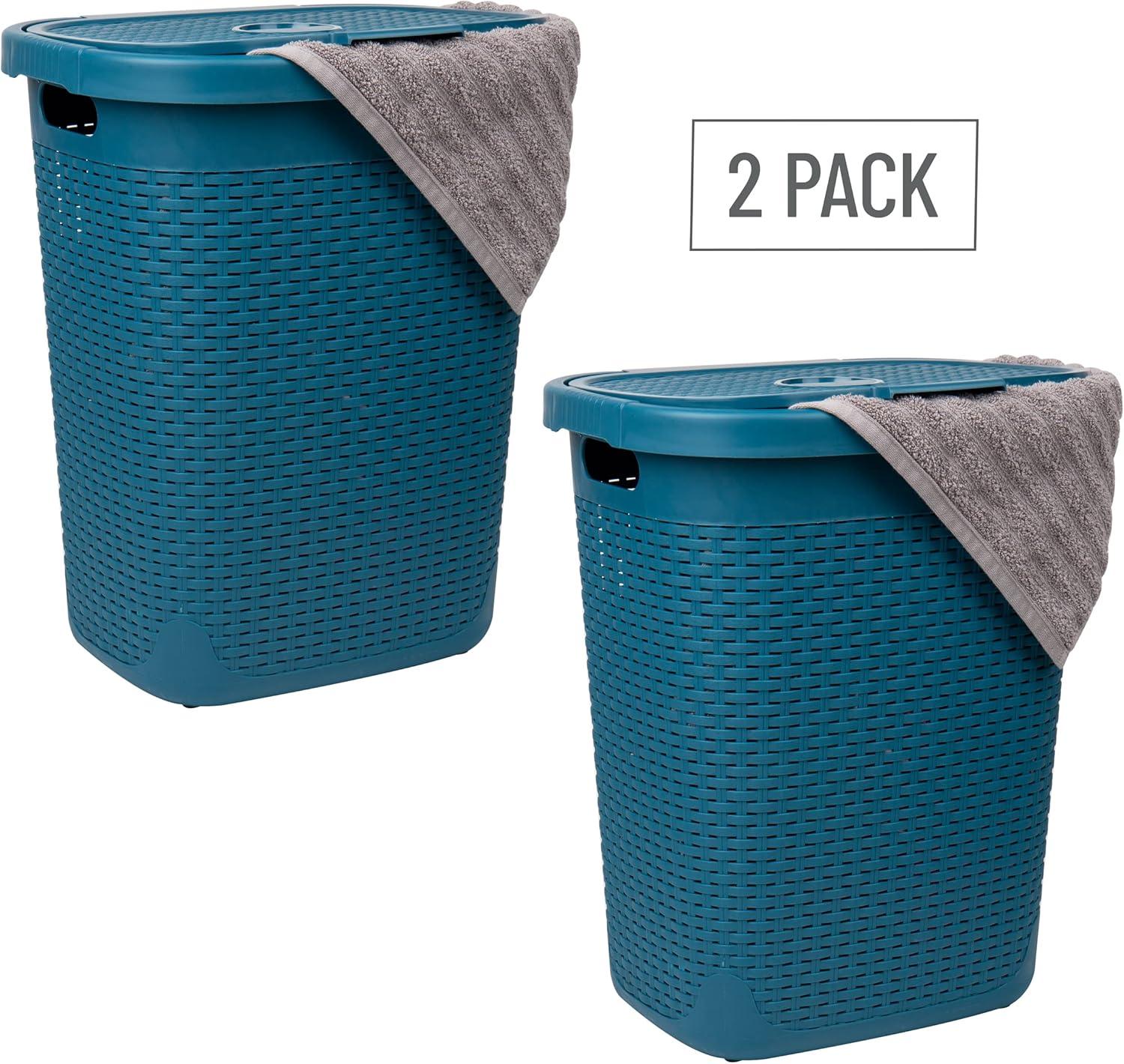 imageMind Reader 50L Slim Laundry Hamper Clothes Basket Lid Wicker Design Plastic 1765quotL x 1375quotW x 21quotH Set of 2 WhiteBlue