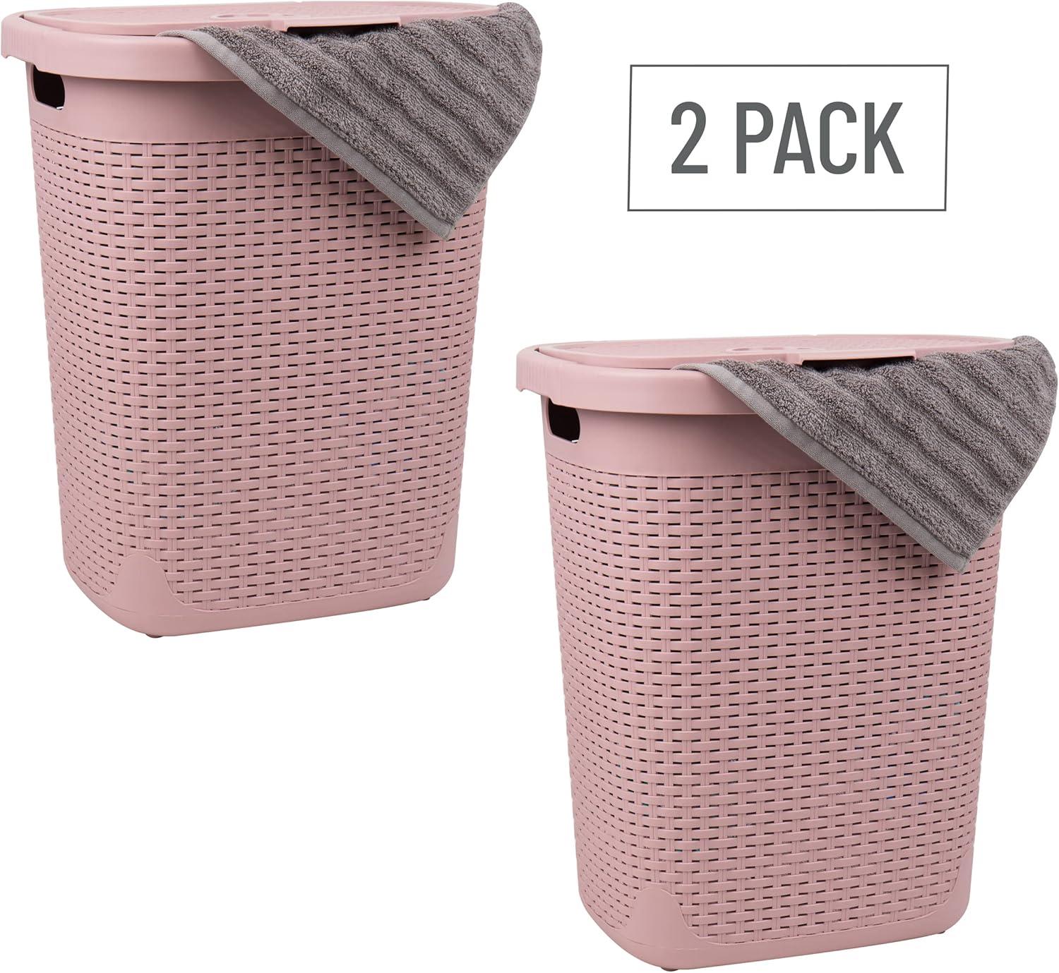 imageMind Reader 50L Slim Laundry Hamper Clothes Basket Lid Wicker Design Plastic 1765quotL x 1375quotW x 21quotH Set of 2 WhitePink
