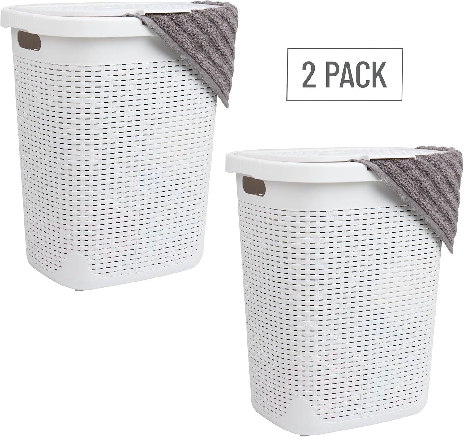 imageMind Reader 50L Slim Laundry Hamper Clothes Basket Lid Wicker Design Plastic 1765quotL x 1375quotW x 21quotH Set of 2 WhiteWhite