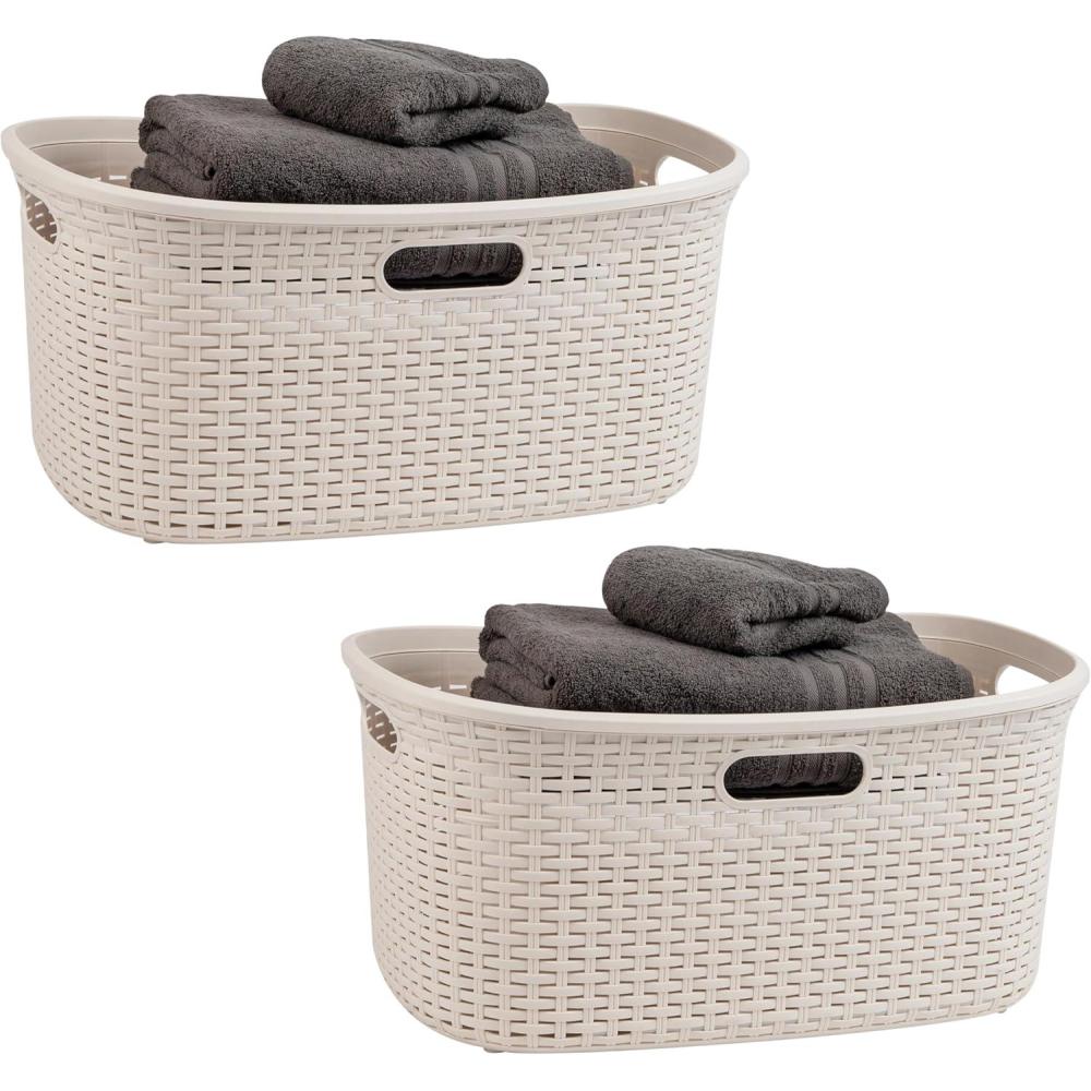 imageMind Reader 40L Laundry Basket Clothes Hamper Premium Wicker Design Plastic Set of 2 IvoryIvory