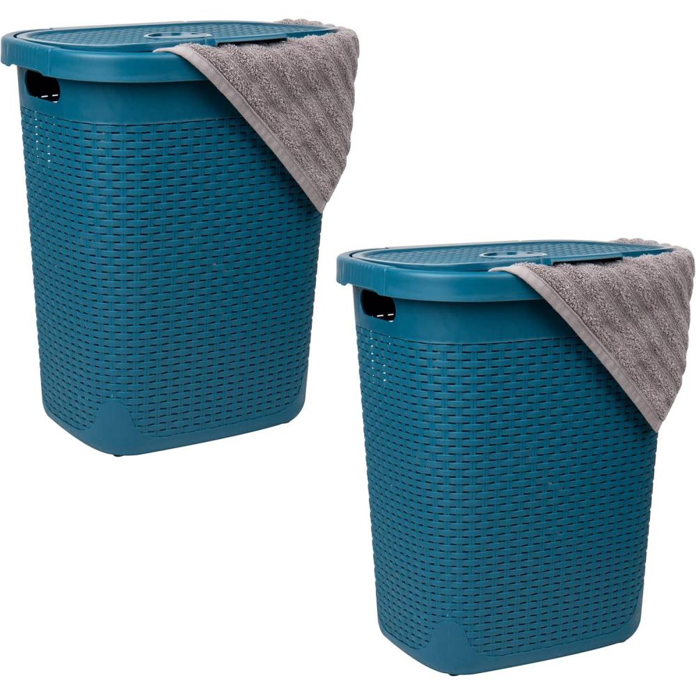 imageMind Reader 50L Slim Laundry Hamper Clothes Basket Lid Wicker Design Plastic 1765quotL x 1375quotW x 21quotH Set of 2 WhiteBlue
