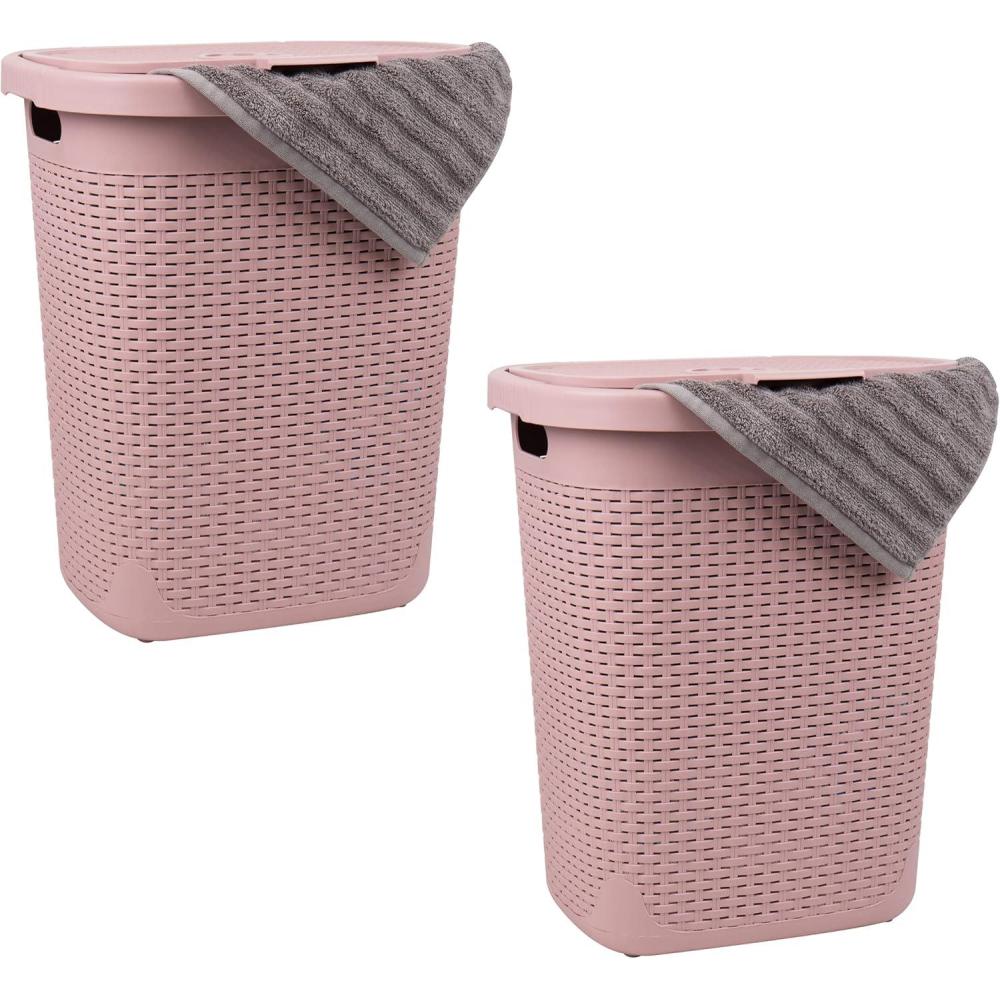 imageMind Reader 50L Slim Laundry Hamper Clothes Basket Lid Wicker Design Plastic 1765quotL x 1375quotW x 21quotH Set of 2 WhitePink