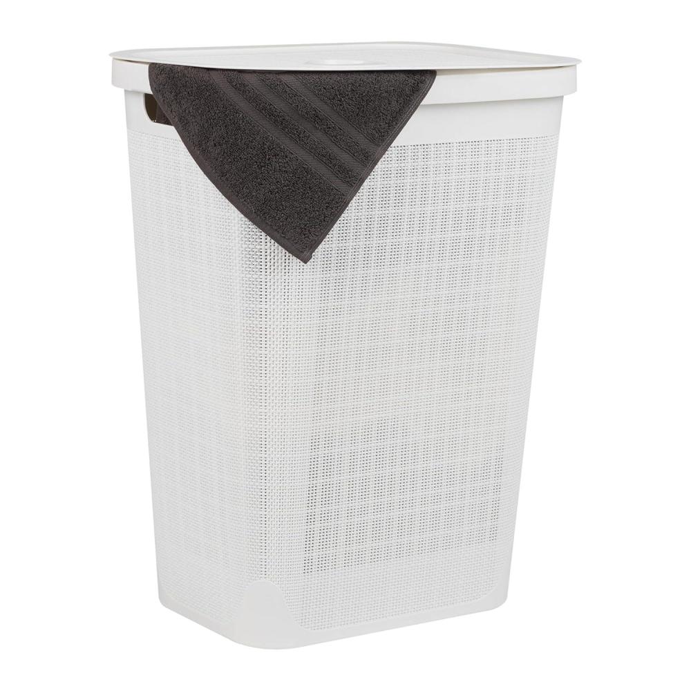 imageMind Reader 60L Slim Laundry Hamper Clothes Basket Lid Linen Design Plastic IvoryWhite