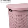 Mind Reader 50L Slim Laundry Hamper, Clothes Basket, Lid, Wicker Design, Plastic, 17.65″L x 13.75″W x 21″H, Set of 2, White(Pink)