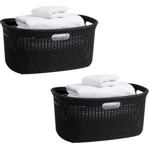 Mind Reader 40L Laundry Basket, Clothes Hamper, Premium Wicker Design, Plastic, Set of 2, Ivory(Black)