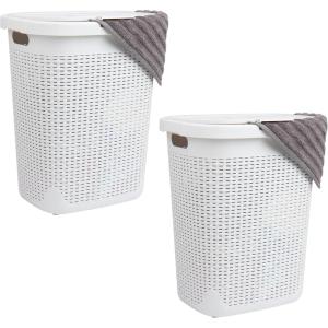 Mind Reader 50L Slim Laundry Hamper, Clothes Basket, Lid, Wicker Design, Plastic, 17.65″L x 13.75″W x 21″H, Set of 2, White(White)