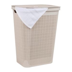 Mind Reader 60L Slim Laundry Hamper, Clothes Basket, Lid, Linen Design, Plastic, Ivory(Ivory)
