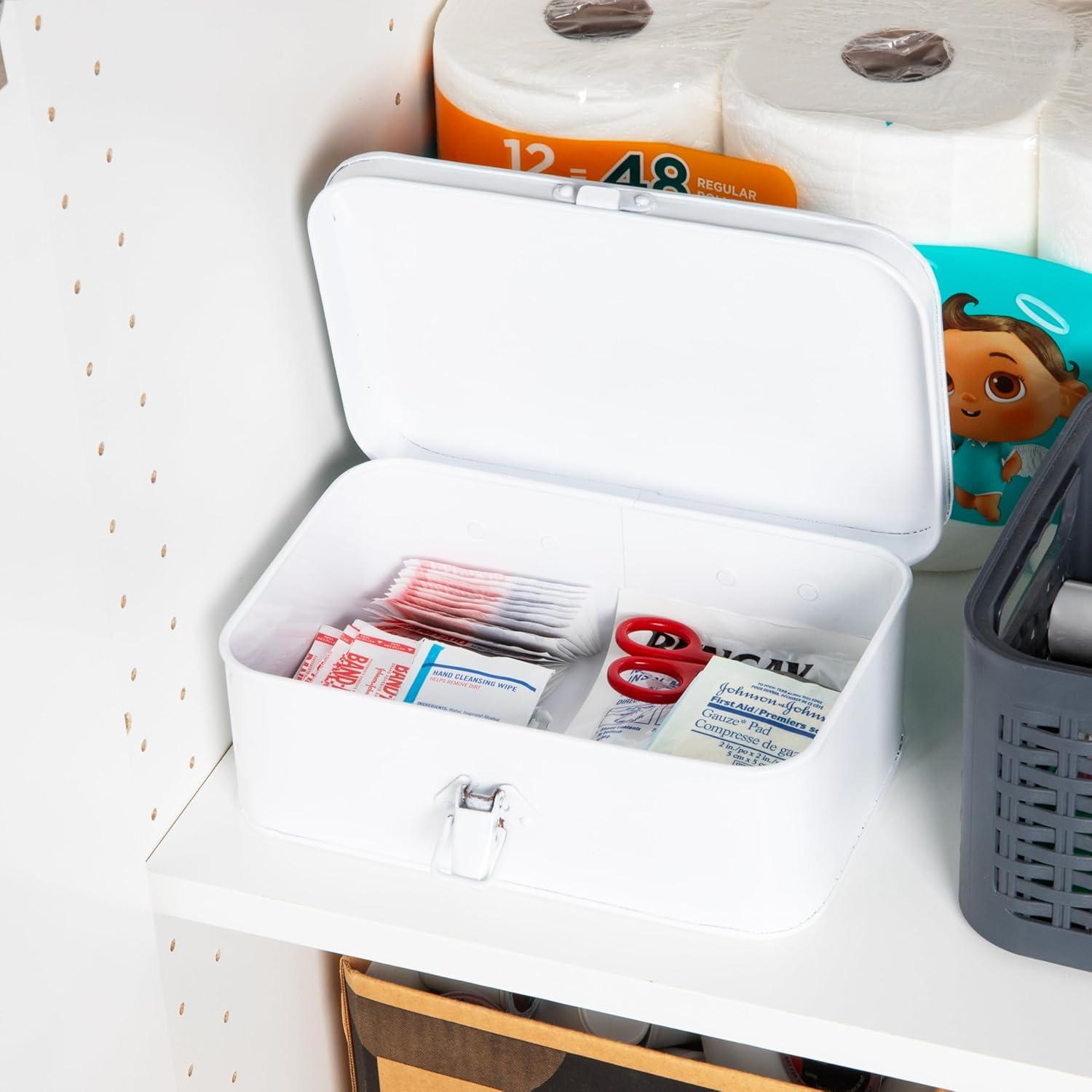 image:imageMind Reader First Aid Box Emergency Kit Medical Supply Organizer Vintage Buckle Lock Metal 925L x 6W x 3H WhiteWhite