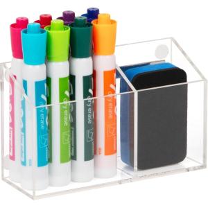 Mind Reader Clear Dry Erase Marker and Eraser Holder, Acrylic Magnetic Whiteboard Organizer, 2-Compartment, Desktop or Wall Mount, Clear