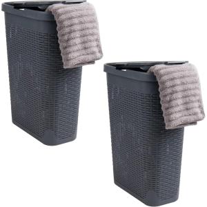 Mind Reader 40L Slim Laundry Hamper, Clothes Basket, Lid, Wicker Design, Plastic, 18″L x 10.4″W x 23.5″H, Set of 2, Gray