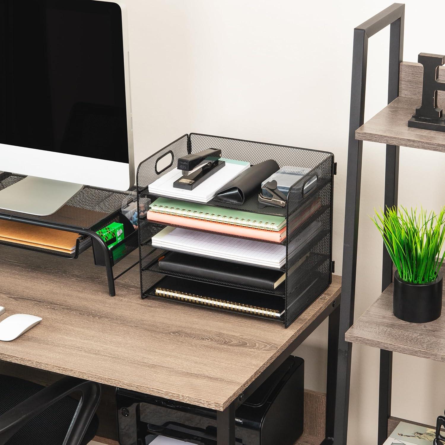 image:imageMind Reader 5 Tier Paper Tray Desktop Organizer Removable Shelves CutOut Handles ToolFree Assembly Metal Mesh Black