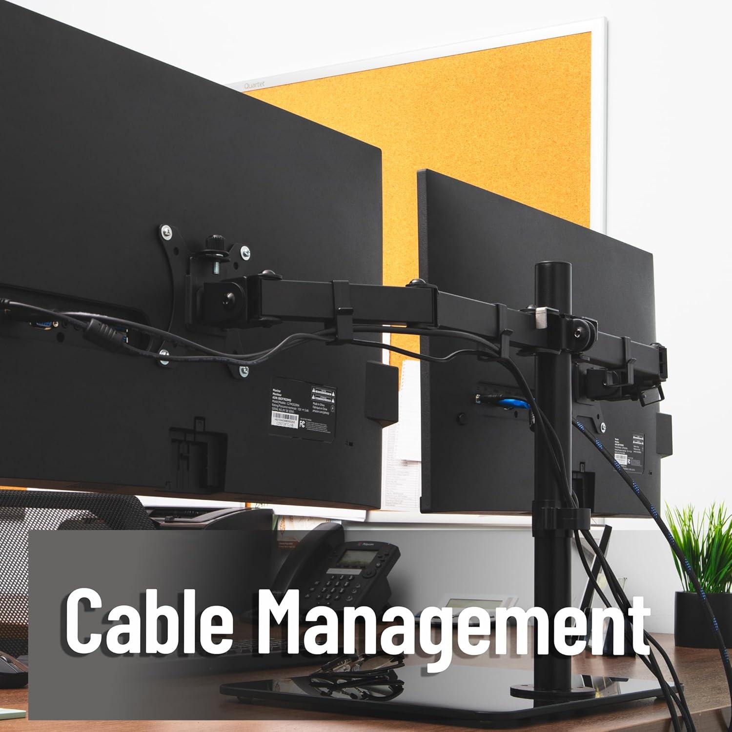 image:imageMind Reader Freestanding Dual Monitor Desk Mount for 1332 Screens VESA 75x75100x100 Full Motion with 180 Rotation 90 Swivel 45 Tilt Holds Up to 176 lbs Each No Clamp Black