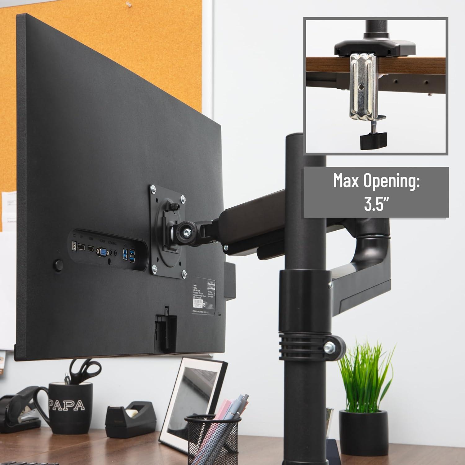 image:imageMind Reader Single Monitor Arm for 1332 Inch Screens Gas Spring VESA Desk Mount 180 Rotation 180 Swivel 65 Tilt Integrated Cable Management Holds up to 198 lbs Black