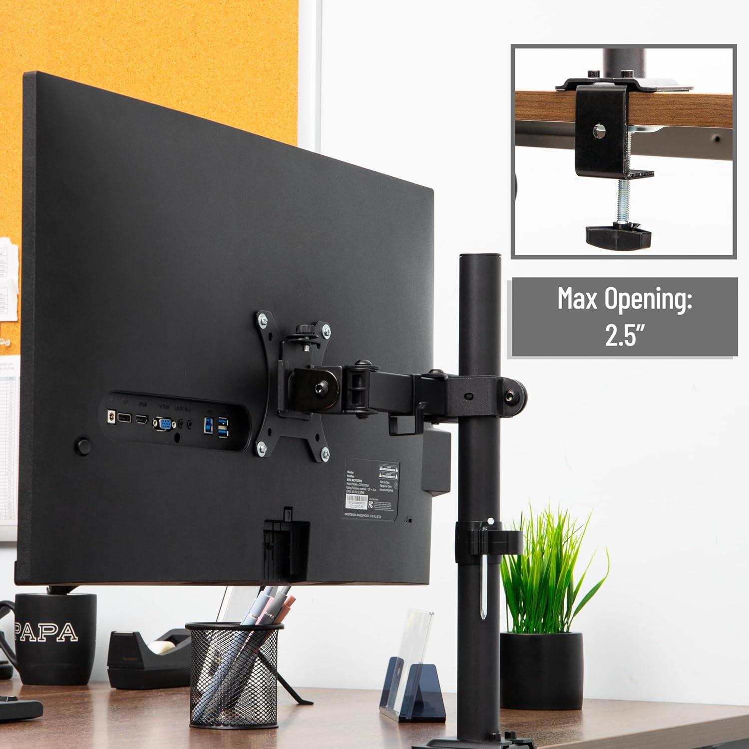 image:imageMind Reader Single Monitor Desk Mount for 1332 Inch Screens Adjustable Arm with 180 Rotation 90 Swivel 45 Tilt VESA 75x75100x100 Integrated Cable Management Up to 176 lbs Load Black