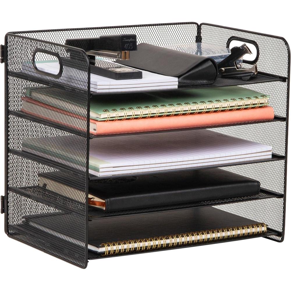 image:imageMind Reader 5 Tier Paper Tray Desktop Organizer Removable Shelves CutOut Handles ToolFree Assembly Metal Mesh Black
