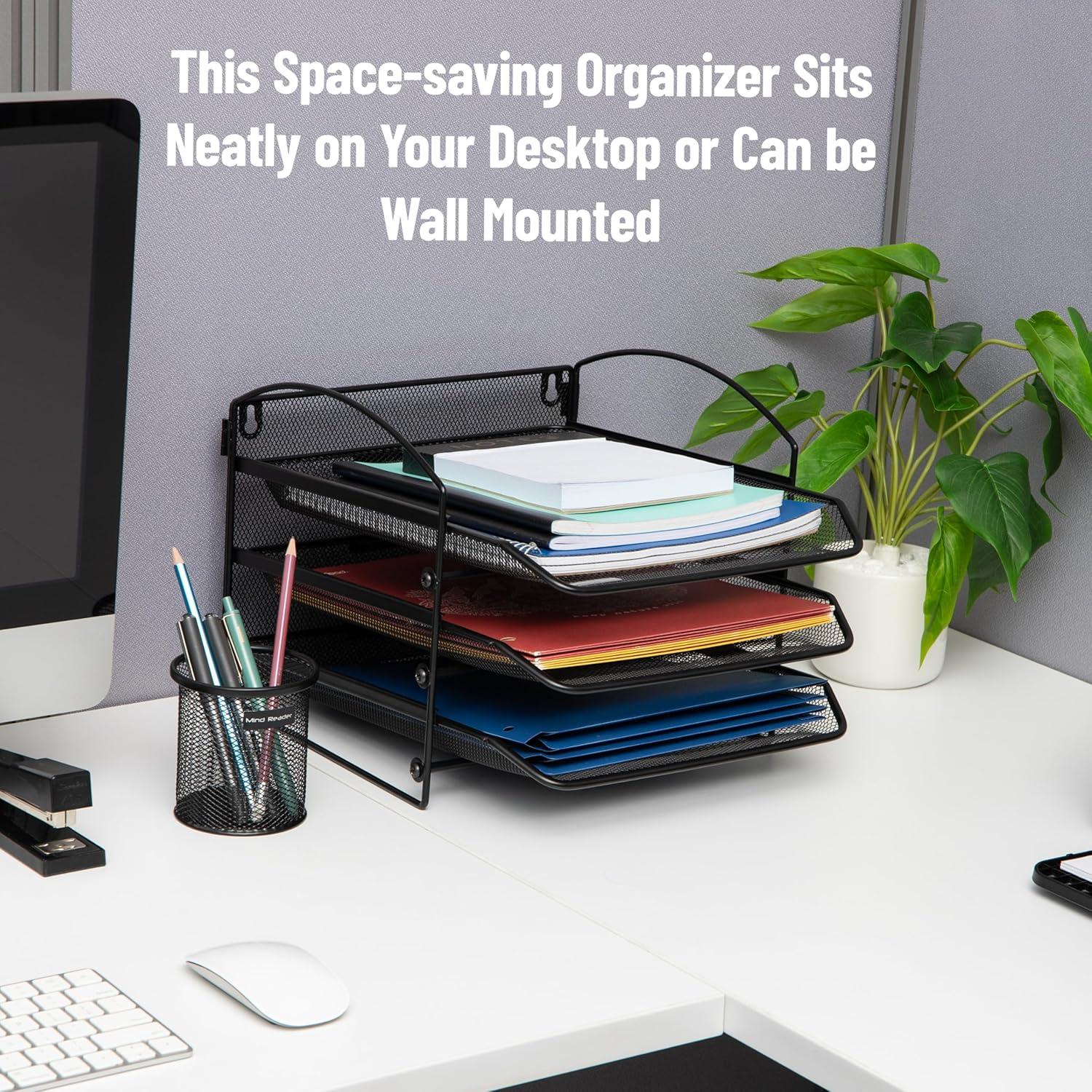 image:imageMind Reader 3Tier Paper Tray File Storage Desktop Organizer Wall Mountable File Organization Metal Mesh Black3Tier