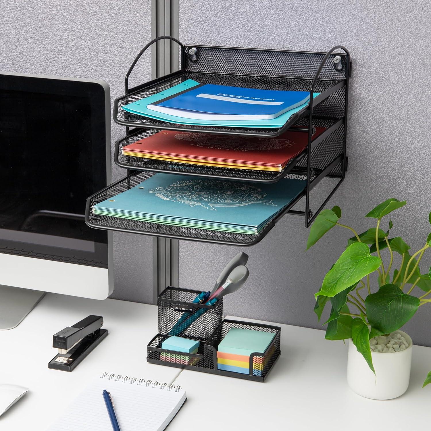 image:imageMind Reader 3Tier Paper Tray File Storage Desktop Organizer Wall Mountable File Organization Metal Mesh Black3Tier