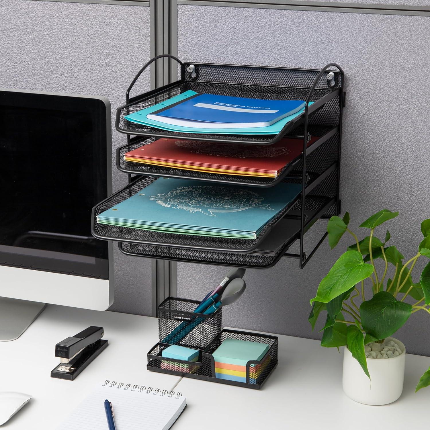 image:imageMind Reader 3Tier Paper Tray File Storage Desktop Organizer Wall Mountable File Organization Metal Mesh Black4Tier