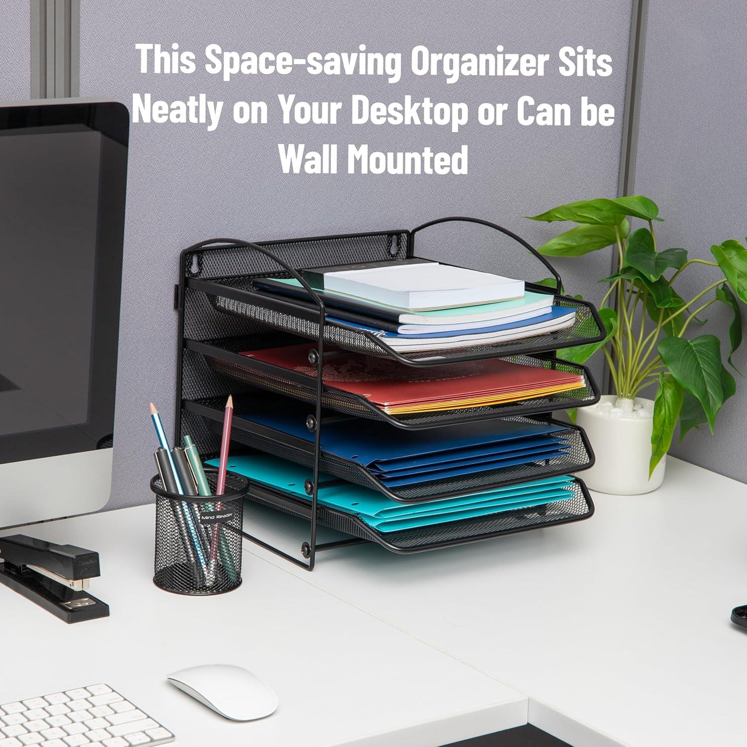 image:imageMind Reader 3Tier Paper Tray File Storage Desktop Organizer Wall Mountable File Organization Metal Mesh Black4Tier