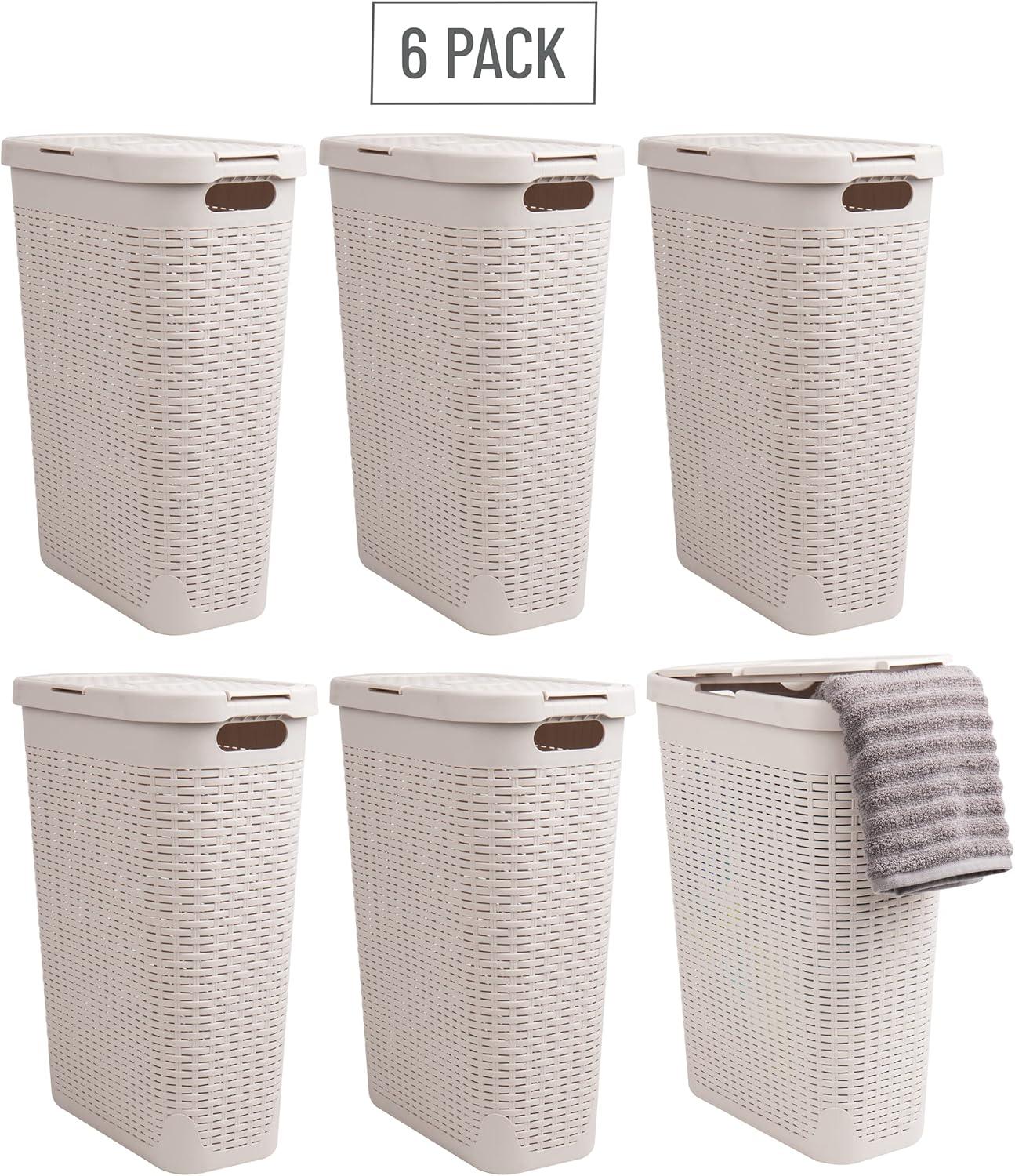 image:imageMind Reader 40L Slim Laundry Hamper Clothes Basket Lid Wicker Design Plastic 18L x 104W x 235H Set of 6 Ivory