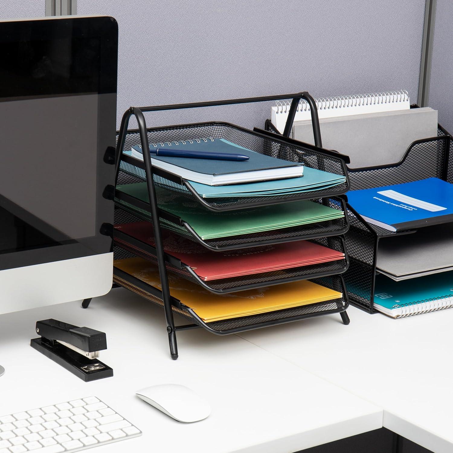 image:imageMind Reader 4Tier Paper Tray Desktop Organizer File Storage Office Metal Mesh 12 L x 1375 W x 125 H Pack of 2 Black2 Pack