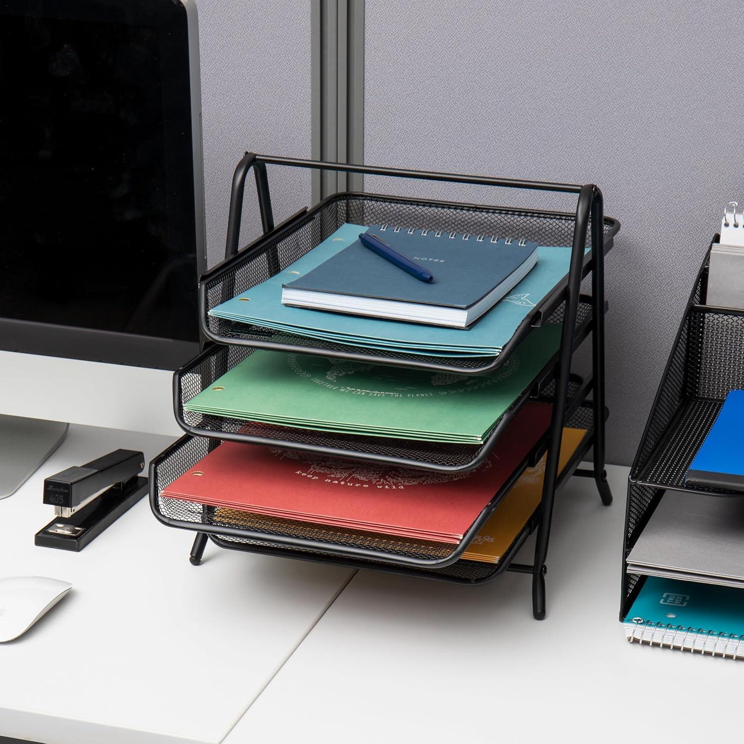 image:imageMind Reader 4Tier Paper Tray Desktop Organizer File Storage Office Metal Mesh 12 L x 1375 W x 125 H Pack of 2 Black2 Pack
