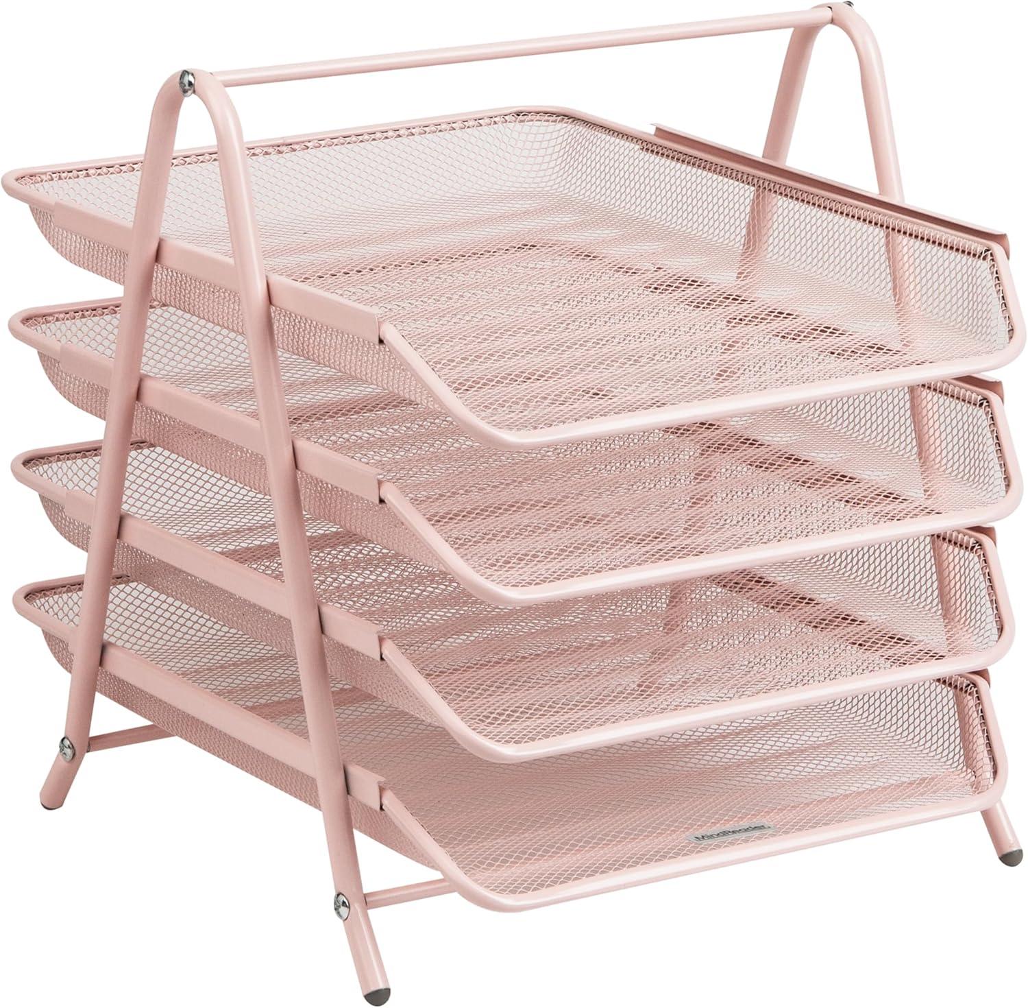 image:imageMind Reader 4Tier Paper Tray Desktop Organizer File Storage Workspace Office Metal Mesh 1175 L x 1375 W x 125 H PinkPink