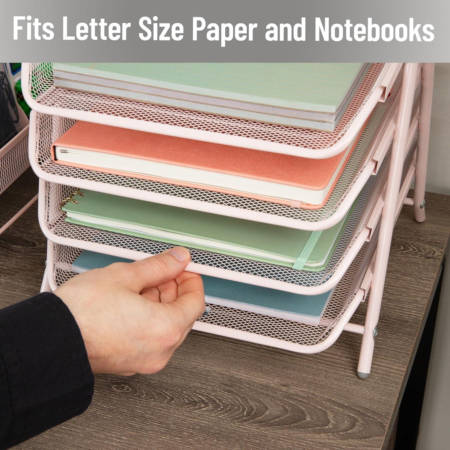 image:imageMind Reader 4Tier Paper Tray Desktop Organizer File Storage Workspace Office Metal Mesh 1175 L x 1375 W x 125 H PinkPink