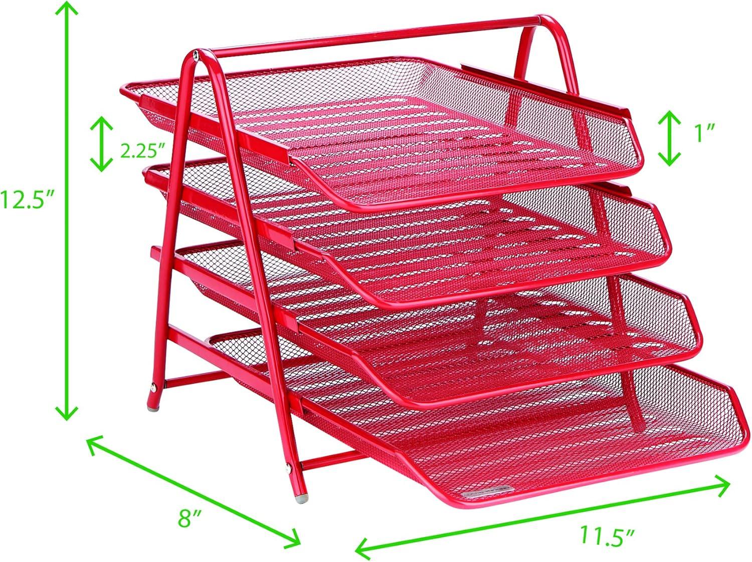 image:imageMind Reader 4Tier Paper Tray Desktop Organizer File Storage Workspace Office Metal Mesh 1175 L x 1375 W x 125 H PinkRed