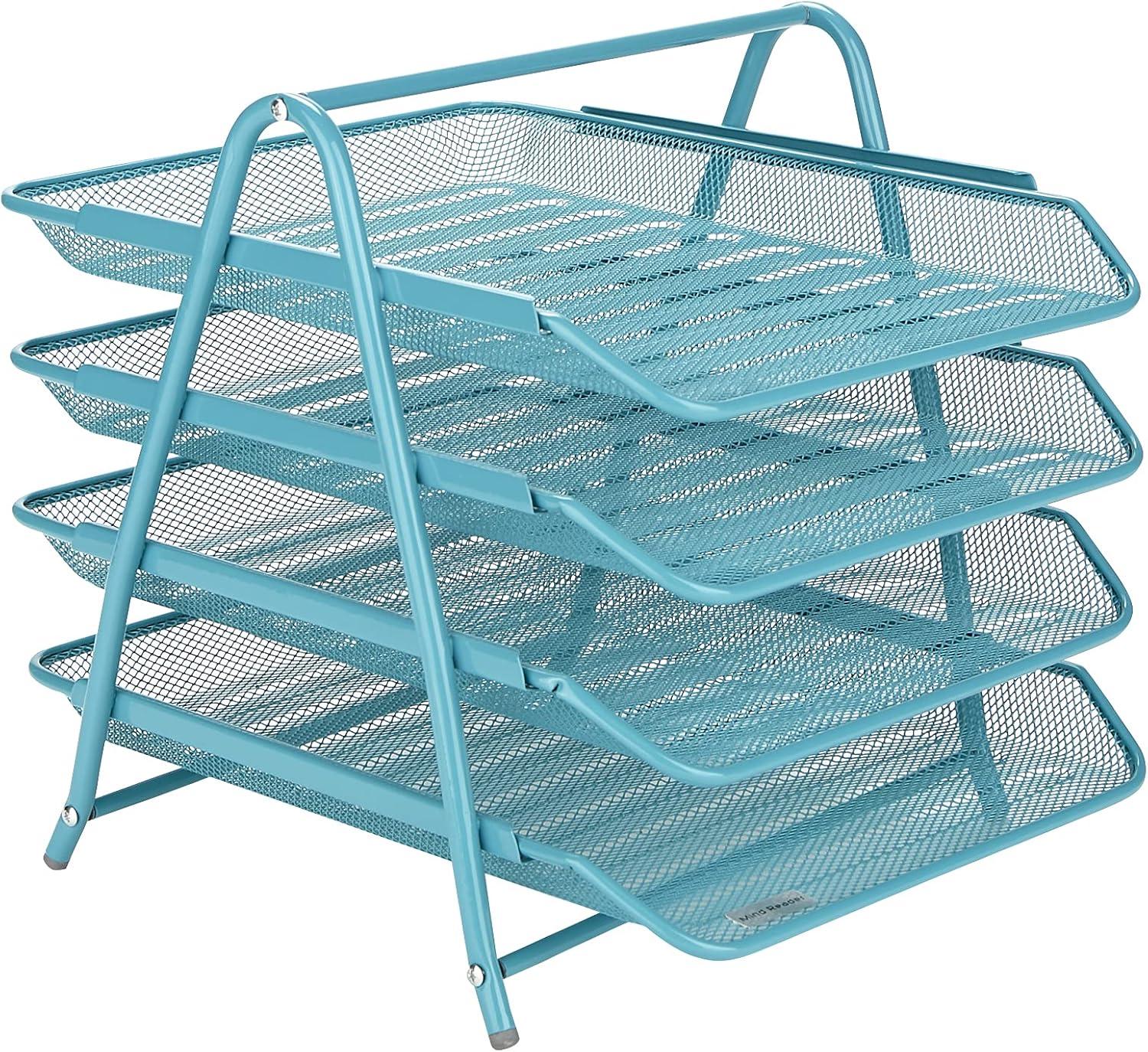 image:imageMind Reader 4Tier Paper Tray Desktop Organizer File Storage Workspace Office Metal Mesh 1175 L x 1375 W x 125 H PinkTurquoise