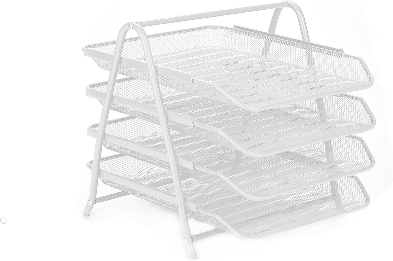image:imageMind Reader 4Tier Paper Tray Desktop Organizer File Storage Workspace Office Metal Mesh 1175 L x 1375 W x 125 H PinkWhite