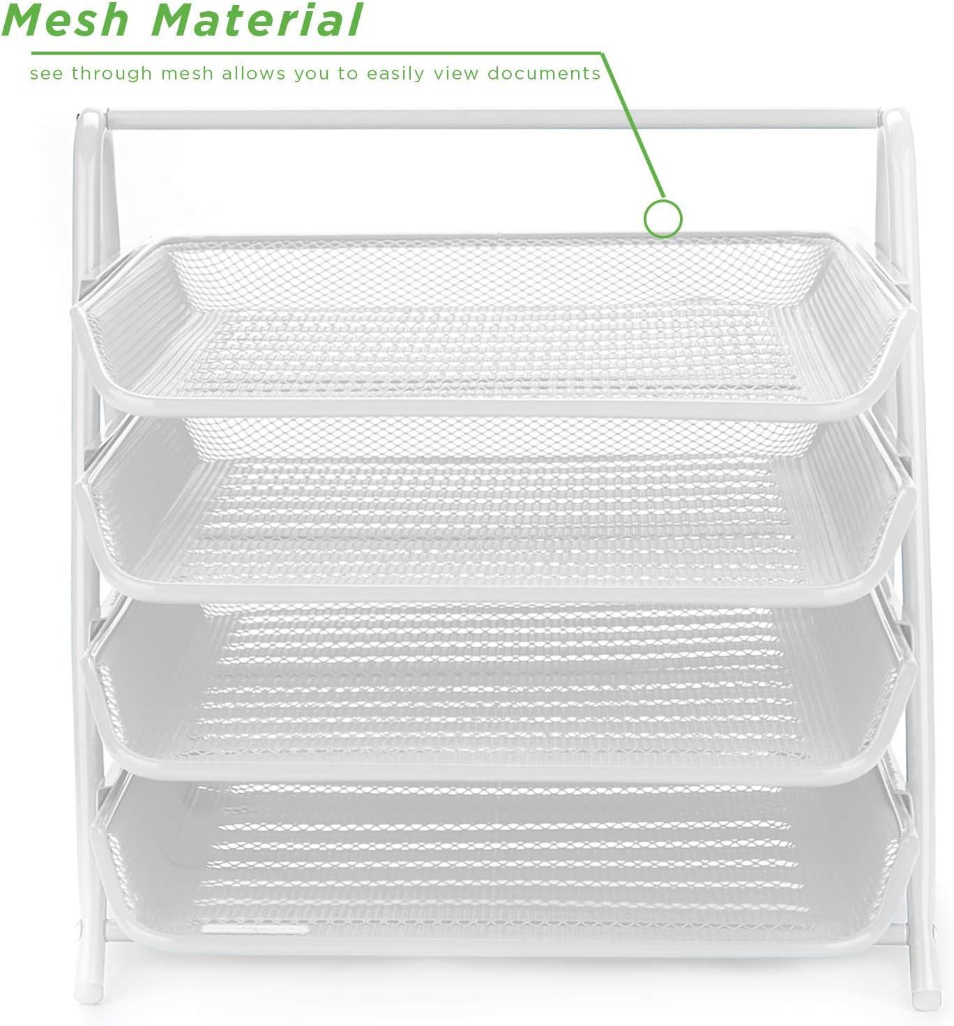 image:imageMind Reader 4Tier Paper Tray Desktop Organizer File Storage Workspace Office Metal Mesh 1175 L x 1375 W x 125 H PinkWhite