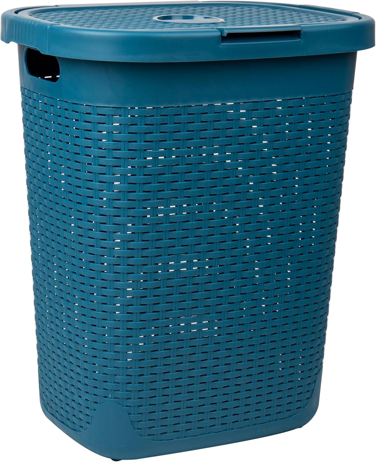image:imageMind Reader 50L Slim Laundry Hamper Clothes Basket Lid Wicker Design Plastic 1765L x 1375W x 21H BlueBlue