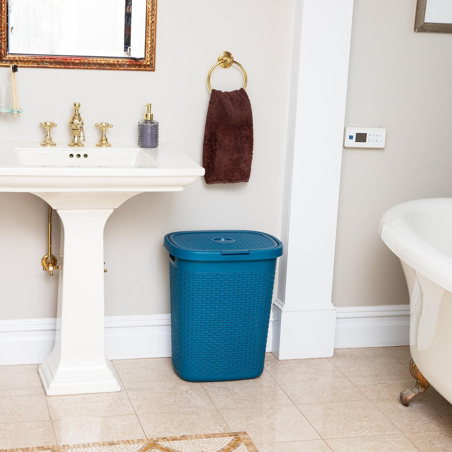 image:imageMind Reader 50L Slim Laundry Hamper Clothes Basket Lid Wicker Design Plastic 1765L x 1375W x 21H BlueBlue