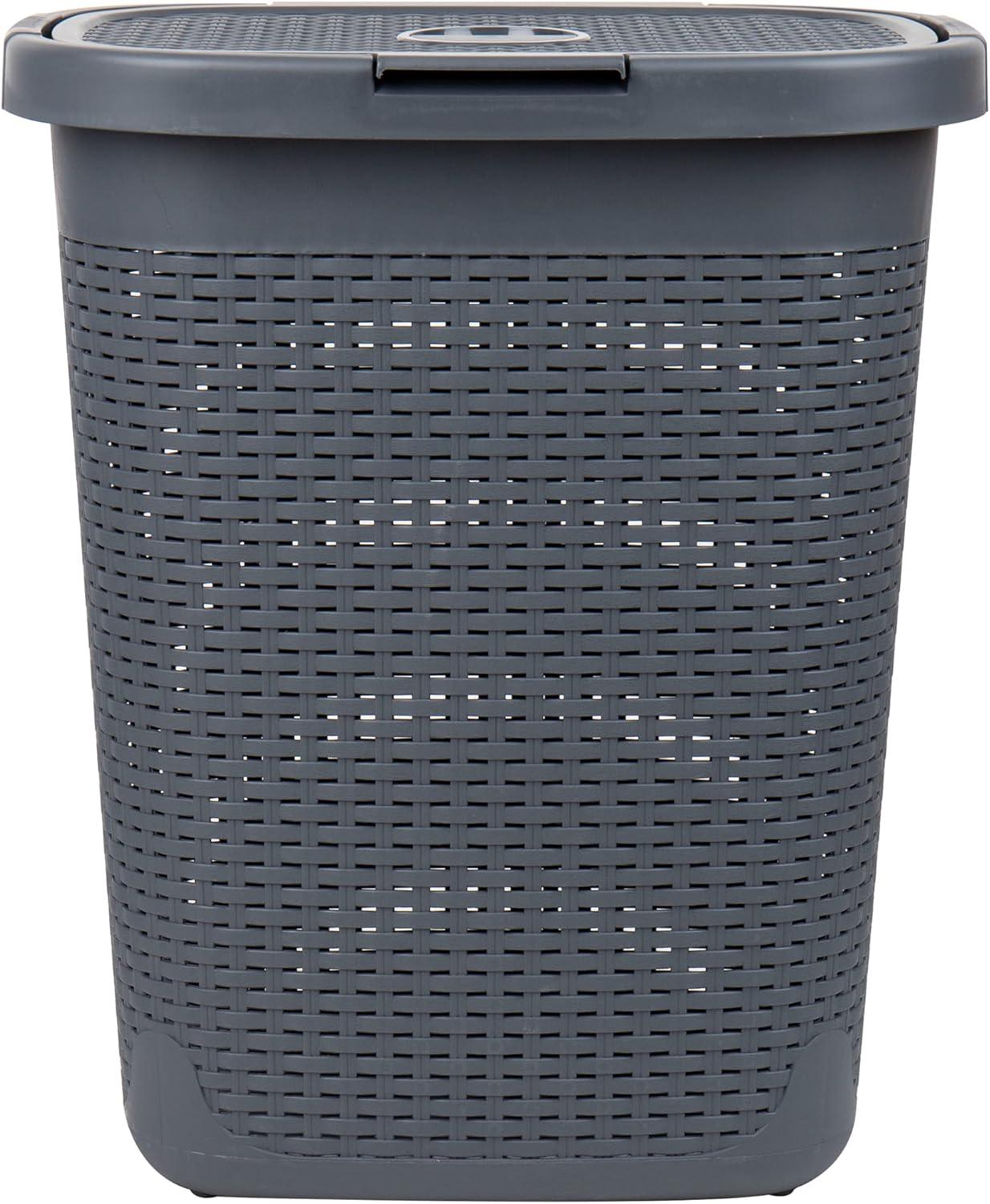 image:imageMind Reader 50L Slim Laundry Hamper Clothes Basket Lid Wicker Design Plastic 1765L x 1375W x 21H BlueGray