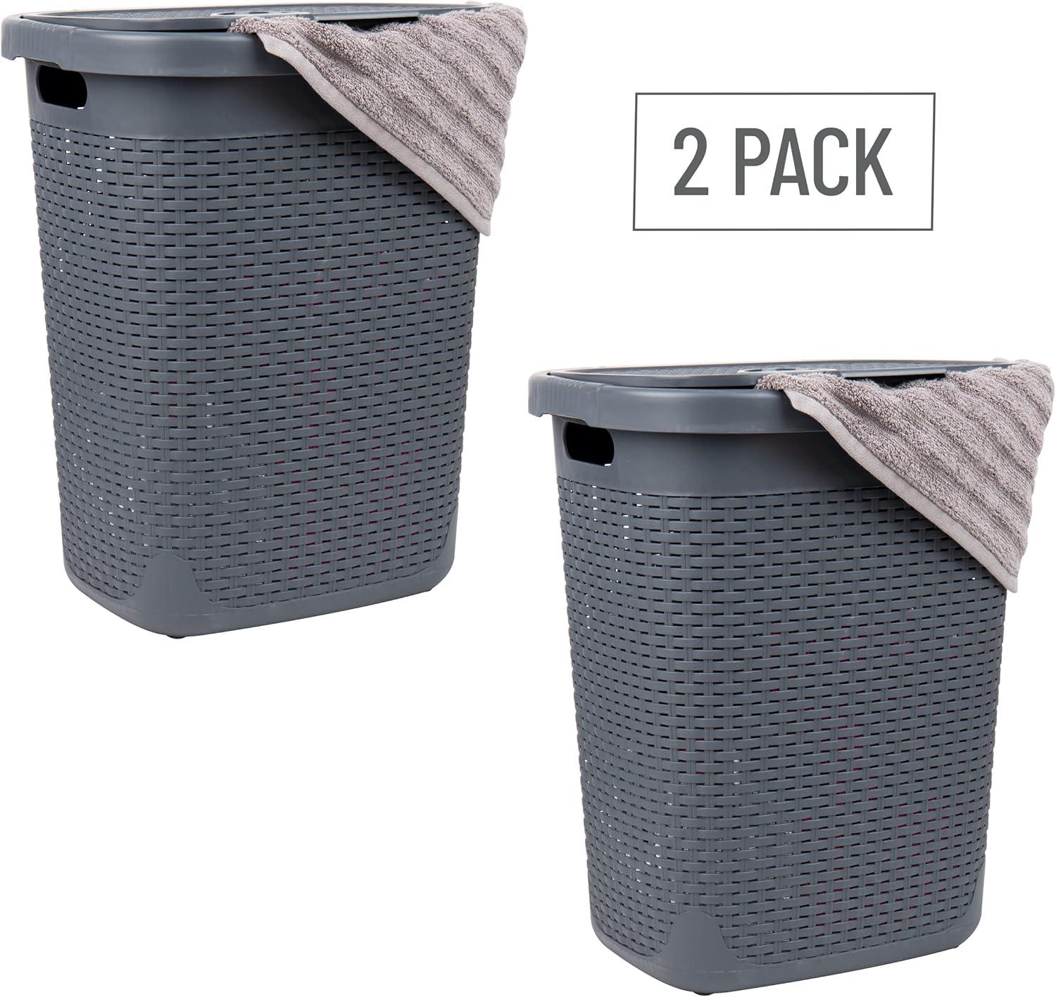 image:imageMind Reader 50L Slim Laundry Hamper Clothes Basket Lid Wicker Design Plastic 1765L x 1375W x 21H BlueGray