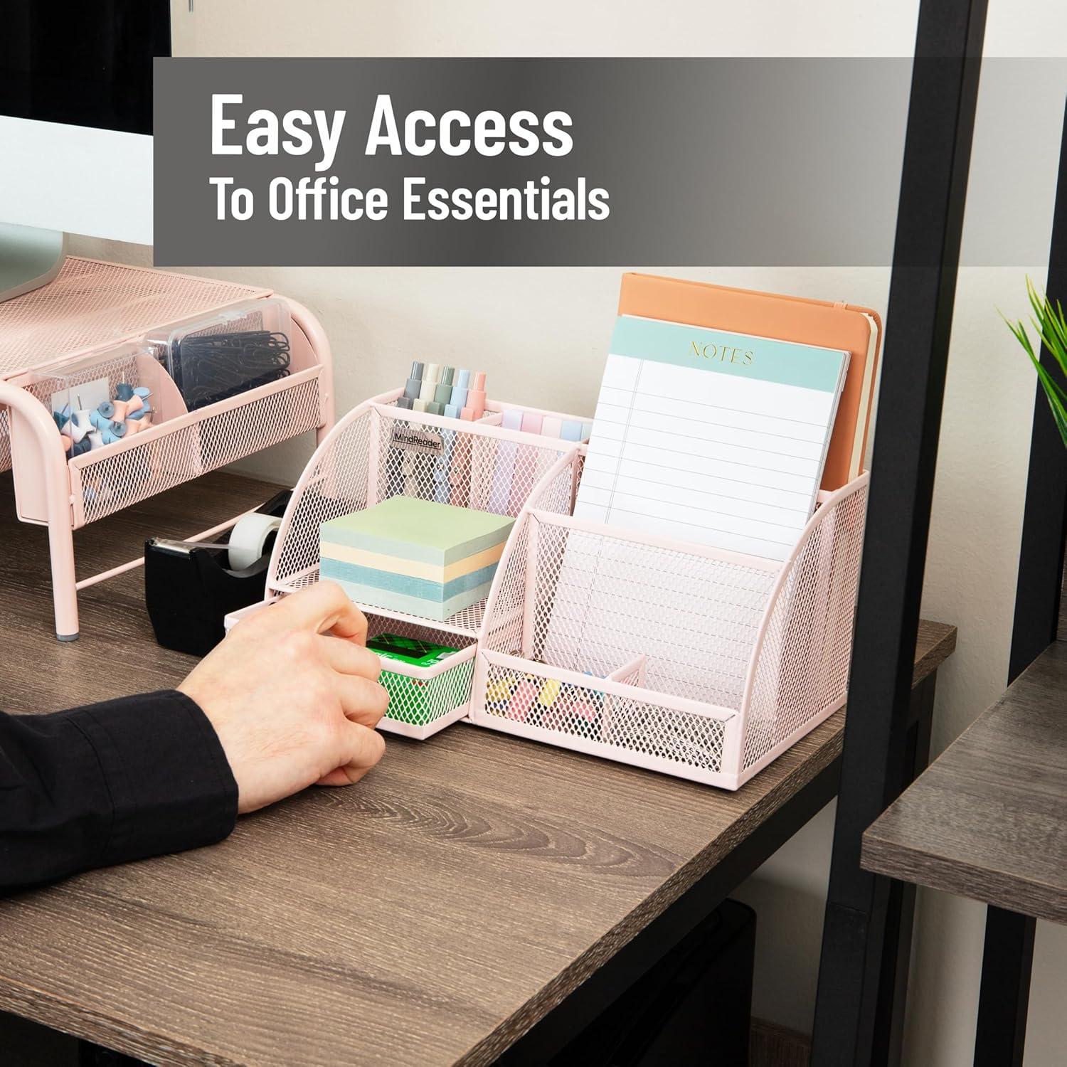 image:imageMind Reader 7Compartment Desktop Organizer File amp Accessory Storage Metal Mesh Office Organizer for Desk Workspace Mail PinkPink