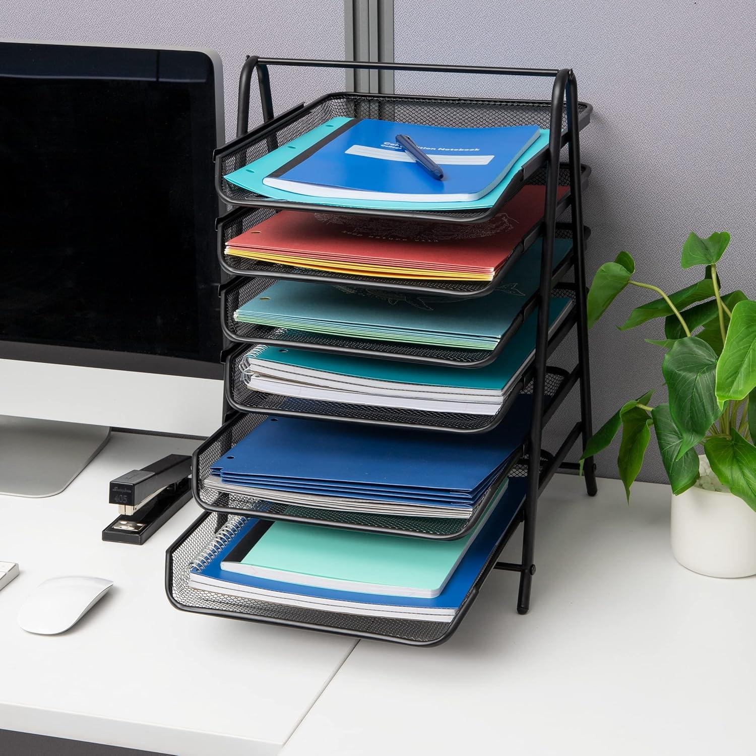 image:imageMind Reader 7Tier Paper Tray Desktop Organizer File Storage Office Metal Mesh 1175 L x 1375 W x 18 H Black6 Tier