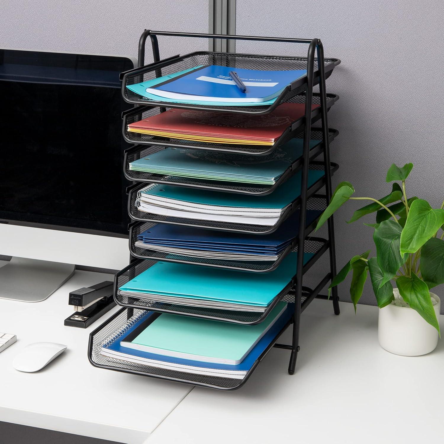 image:imageMind Reader 7Tier Paper Tray Desktop Organizer File Storage Office Metal Mesh 1175 L x 1375 W x 18 H Black7 Tier